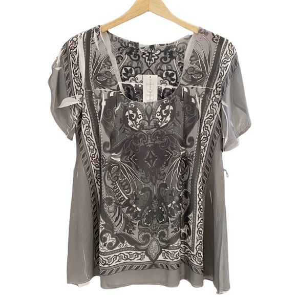 Daniel Benjamin Sheer Overlay Shades Of Gray & White Print Tunic Top, Size M* - Picture 1 of 10